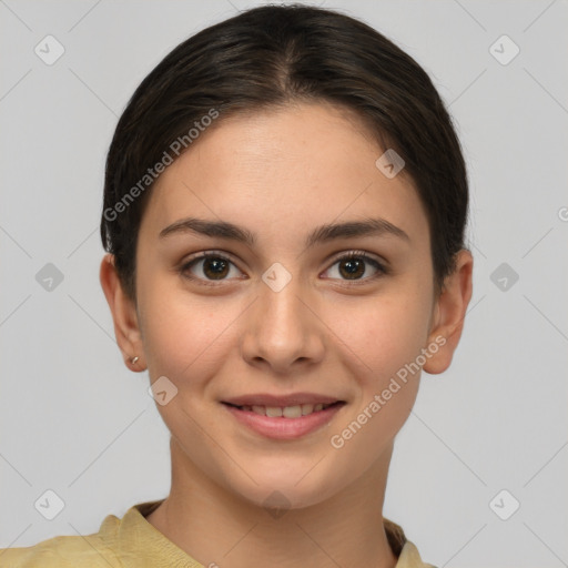 Joyful white young-adult female with short  brown hair and brown eyes