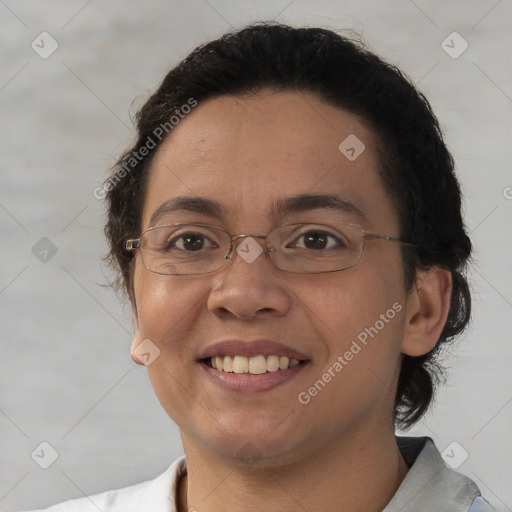 Joyful white adult female with medium  brown hair and brown eyes