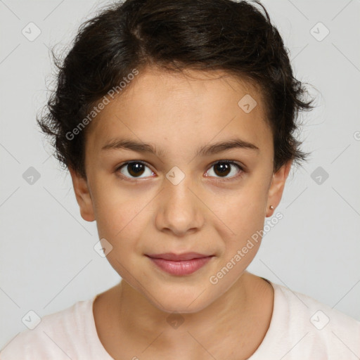 Joyful white child female with short  brown hair and brown eyes