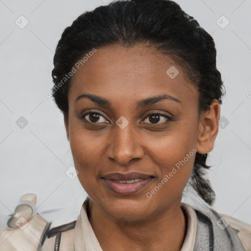 Joyful latino young-adult female with short  brown hair and brown eyes