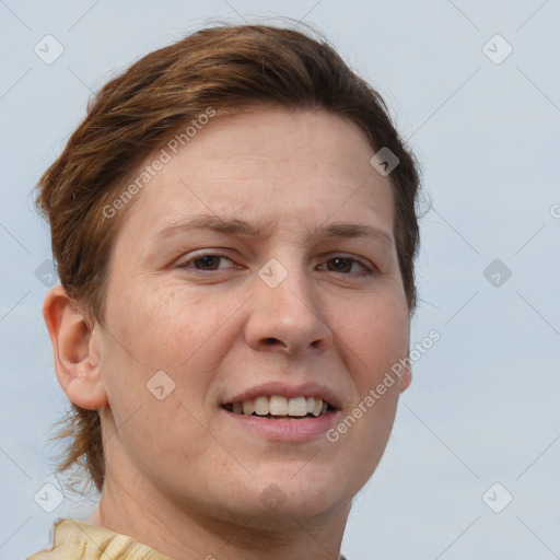 Joyful white young-adult female with short  brown hair and brown eyes