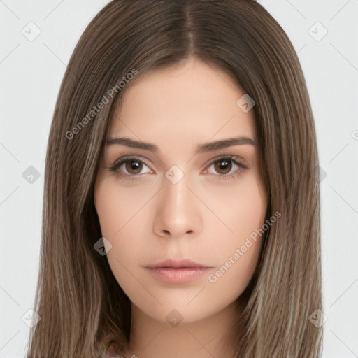 Neutral white young-adult female with long  brown hair and brown eyes