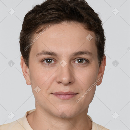 Joyful white young-adult female with short  brown hair and brown eyes