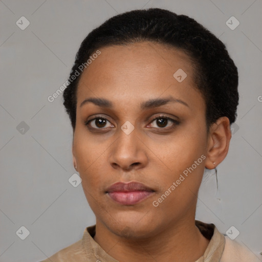 Neutral black young-adult female with short  black hair and brown eyes