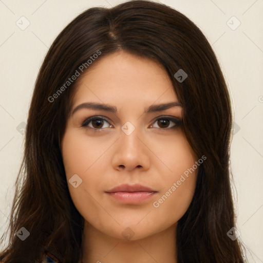 Neutral white young-adult female with long  brown hair and brown eyes