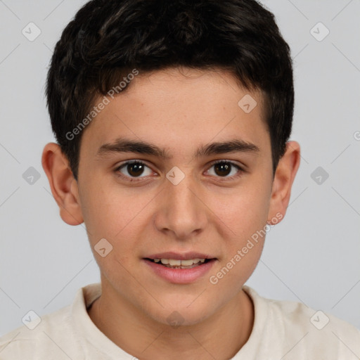 Joyful white child male with short  brown hair and brown eyes