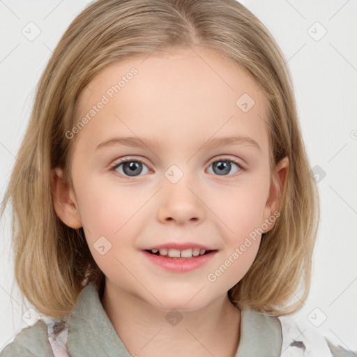 Joyful white child female with medium  brown hair and blue eyes