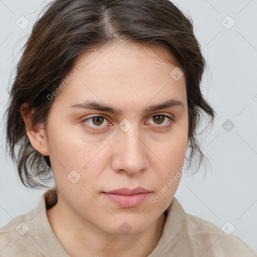 Neutral white young-adult female with medium  brown hair and brown eyes