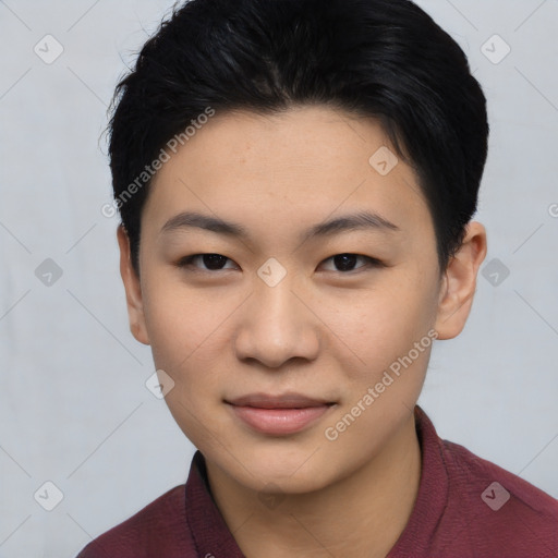 Joyful asian young-adult female with short  black hair and brown eyes