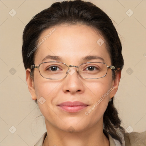 Joyful white young-adult female with medium  brown hair and brown eyes