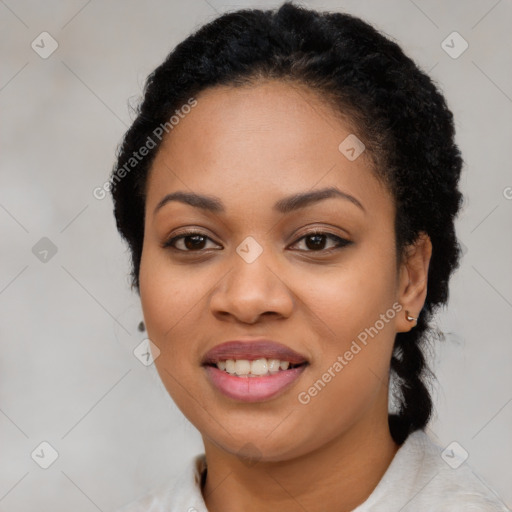 Joyful latino young-adult female with medium  black hair and brown eyes