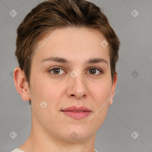 Joyful white young-adult female with short  brown hair and grey eyes