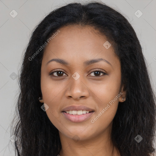 Joyful latino young-adult female with long  brown hair and brown eyes