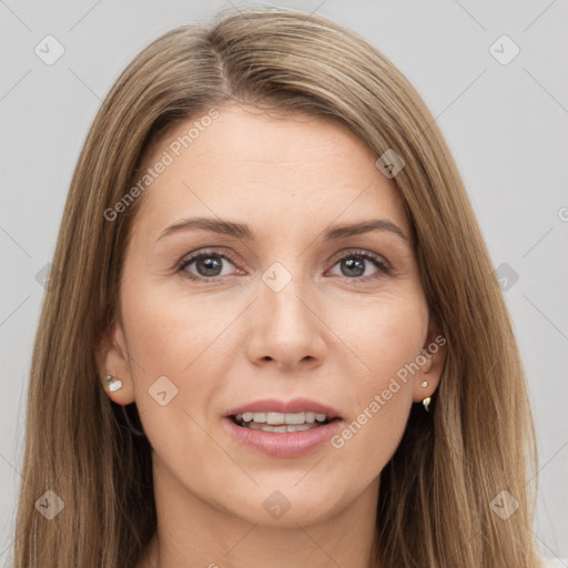 Joyful white young-adult female with long  brown hair and brown eyes