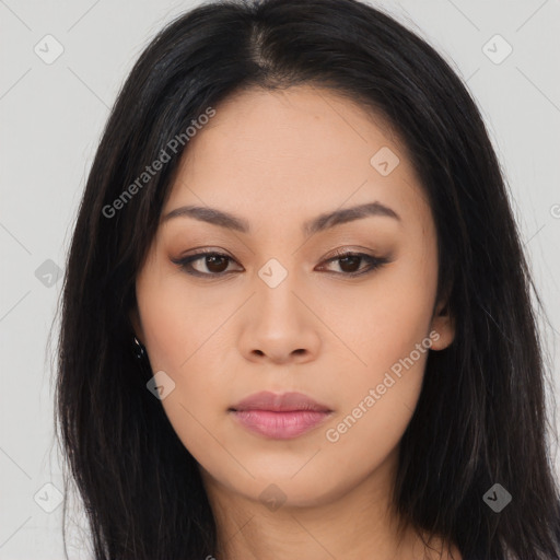 Neutral asian young-adult female with long  black hair and brown eyes