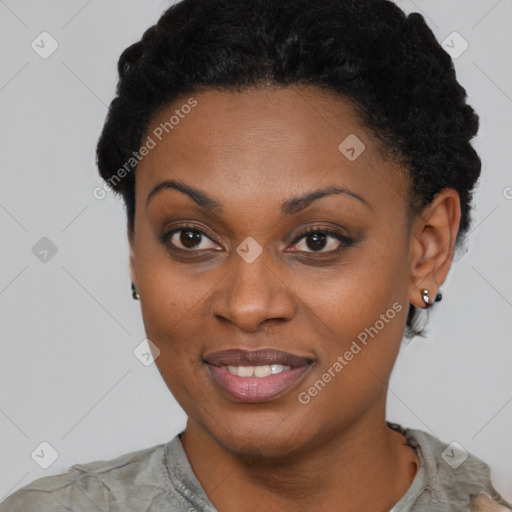 Joyful latino young-adult female with short  black hair and brown eyes