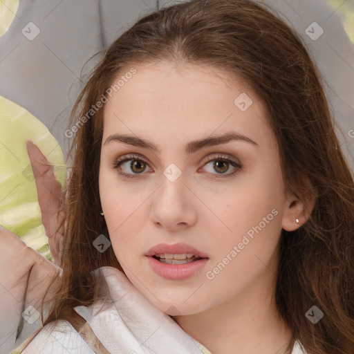 Neutral white young-adult female with long  brown hair and brown eyes