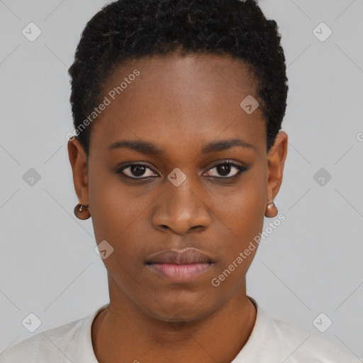 Neutral black young-adult female with short  black hair and brown eyes