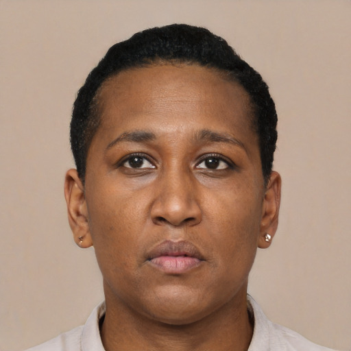 Neutral black adult female with short  black hair and brown eyes