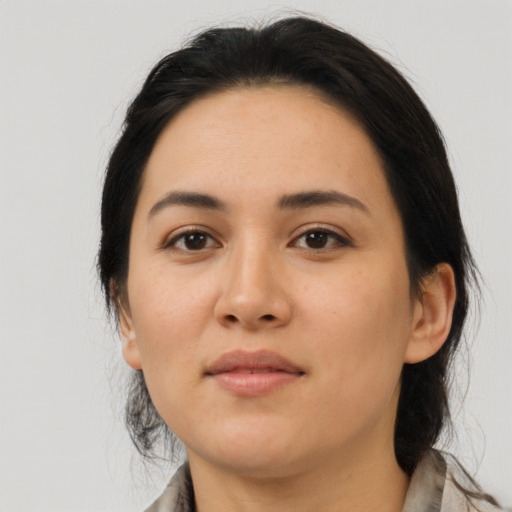 Neutral latino young-adult female with medium  black hair and brown eyes