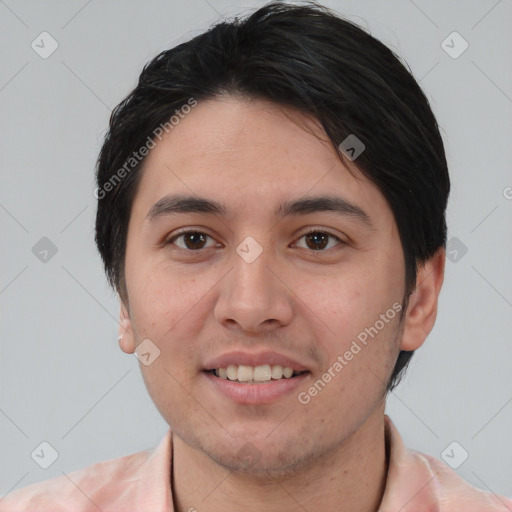 Joyful white young-adult male with short  black hair and brown eyes