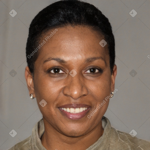 Joyful black adult female with short  brown hair and brown eyes