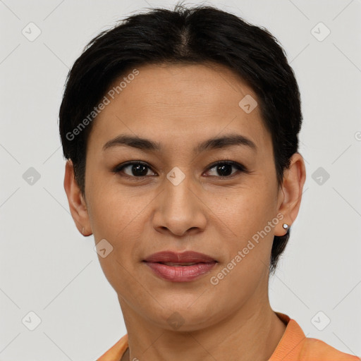 Joyful latino young-adult female with short  brown hair and brown eyes