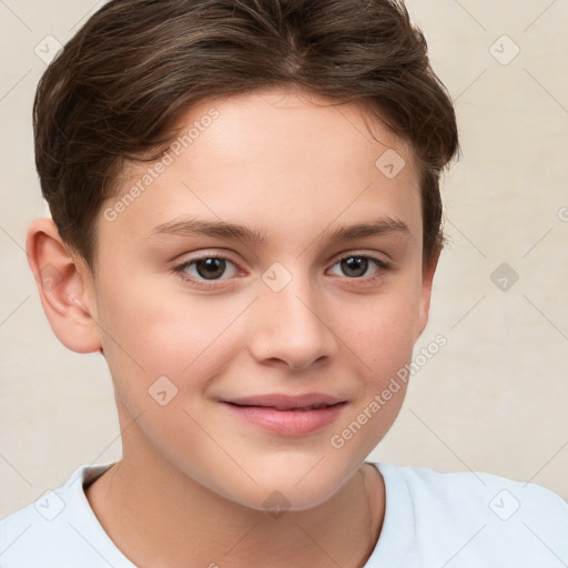 Joyful white child female with short  brown hair and brown eyes