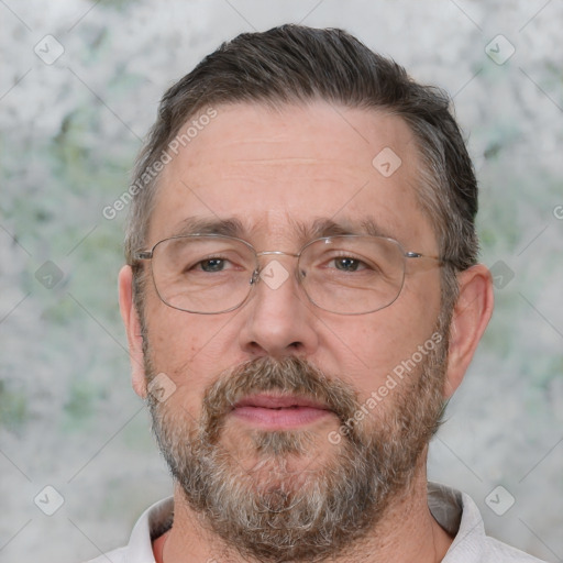 Neutral white middle-aged male with short  brown hair and brown eyes