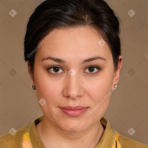 Joyful white young-adult female with medium  brown hair and brown eyes