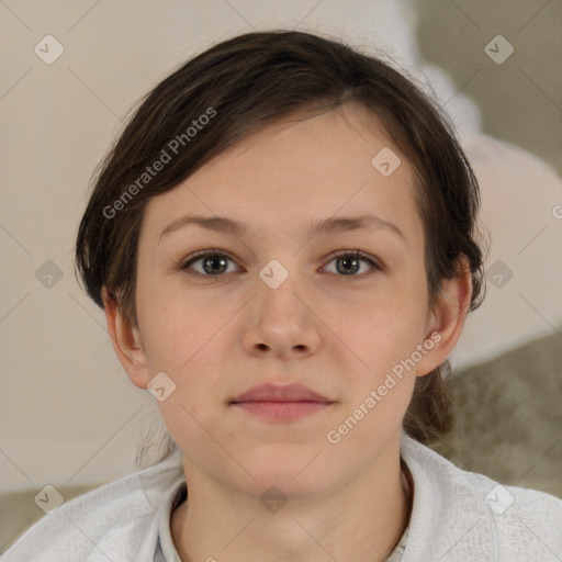 Neutral white young-adult female with short  brown hair and brown eyes