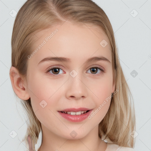 Joyful white child female with medium  brown hair and brown eyes