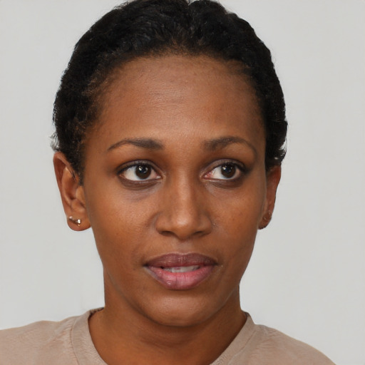 Neutral black young-adult female with short  brown hair and brown eyes