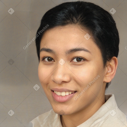 Joyful latino young-adult female with short  brown hair and brown eyes