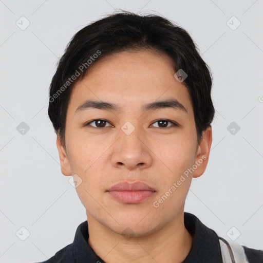 Neutral asian young-adult male with short  black hair and brown eyes