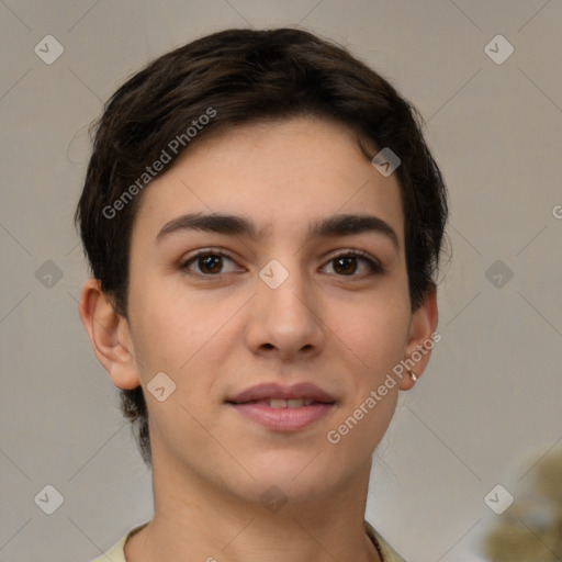 Joyful white young-adult female with short  brown hair and brown eyes