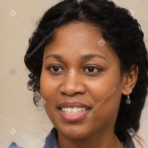 Joyful black young-adult female with medium  black hair and brown eyes