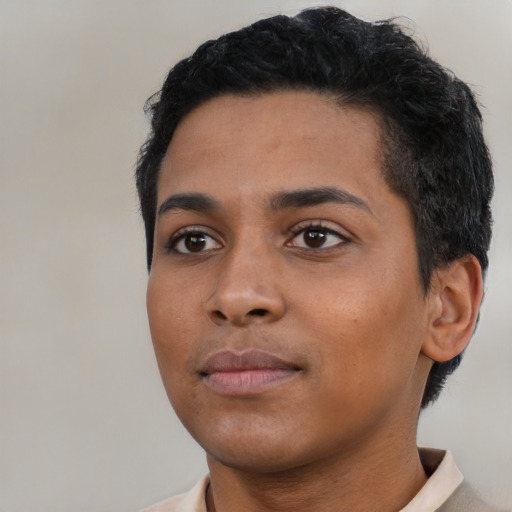 Neutral latino young-adult female with short  black hair and brown eyes