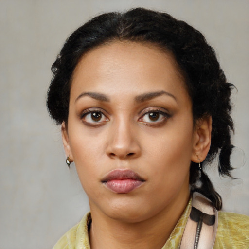 Neutral latino young-adult female with medium  black hair and brown eyes