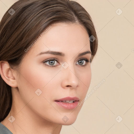 Neutral white young-adult female with medium  brown hair and brown eyes