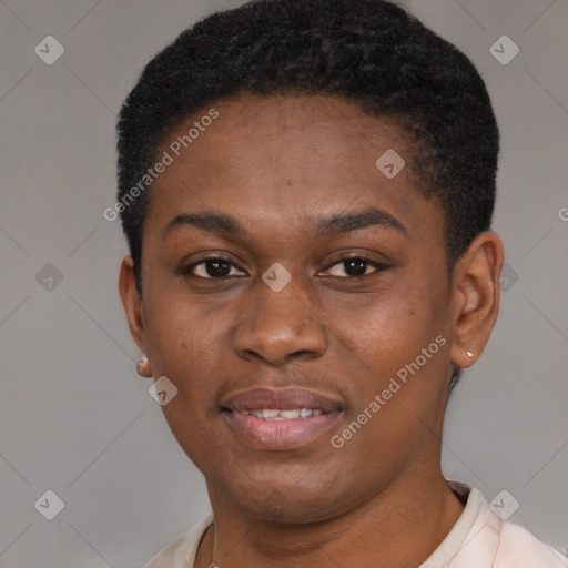 Joyful black young-adult female with short  brown hair and brown eyes