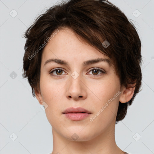 Neutral white young-adult female with short  brown hair and brown eyes