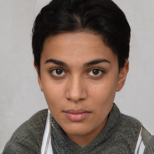 Neutral latino young-adult female with short  brown hair and brown eyes
