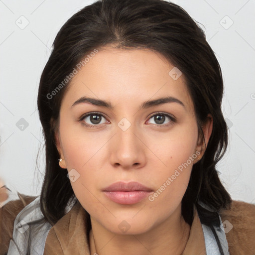 Neutral white young-adult female with medium  brown hair and brown eyes