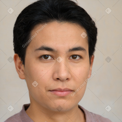 Neutral asian young-adult male with short  black hair and brown eyes