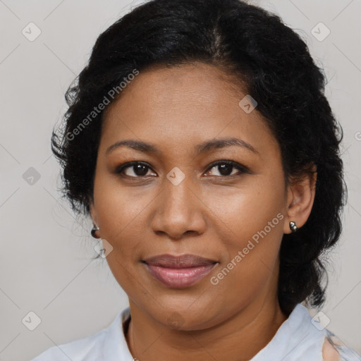 Joyful black young-adult female with medium  brown hair and brown eyes