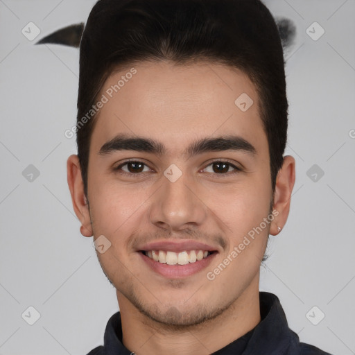 Joyful white young-adult male with short  brown hair and brown eyes