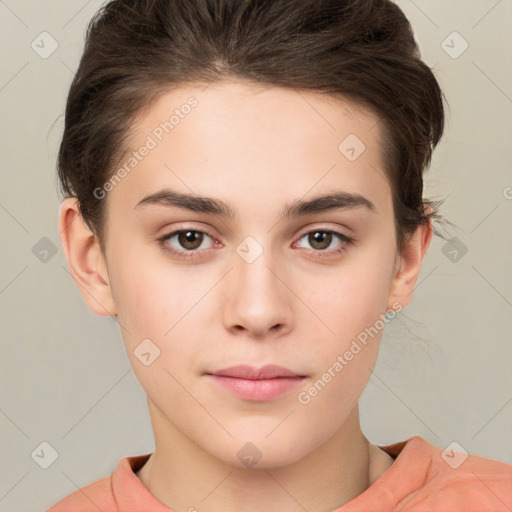 Neutral white young-adult female with short  brown hair and brown eyes