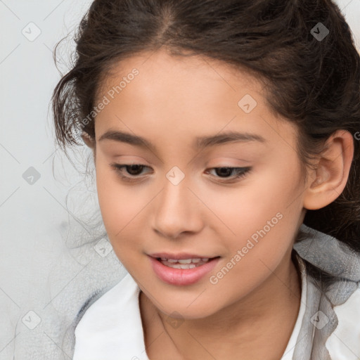 Joyful white child female with medium  brown hair and brown eyes