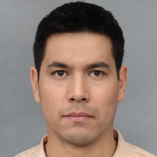 Neutral asian young-adult male with short  black hair and brown eyes